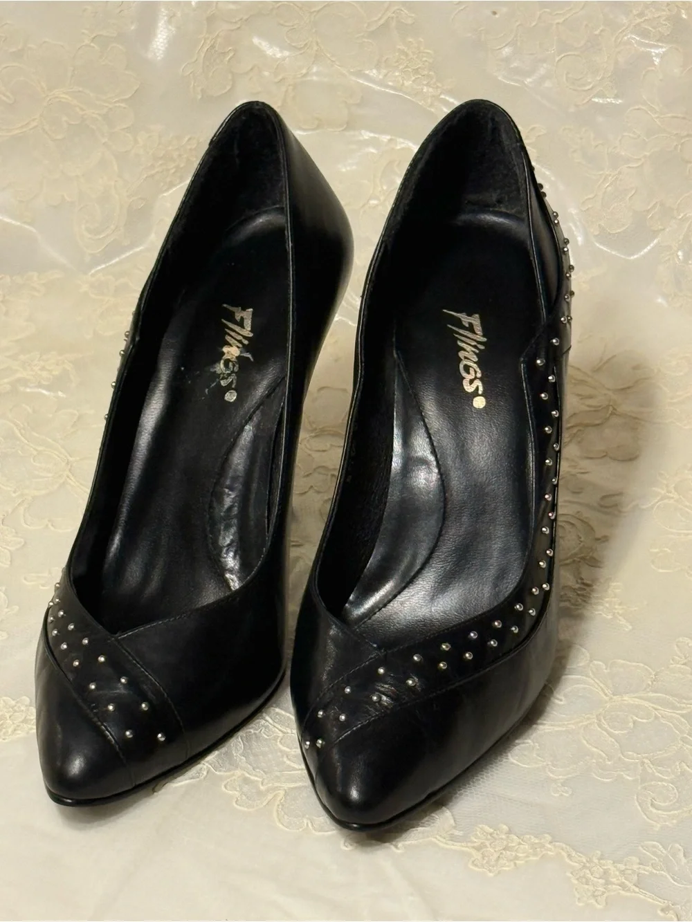 Black Studded Pointed-Toe Women's Vintage Pumps Flings by Kinney